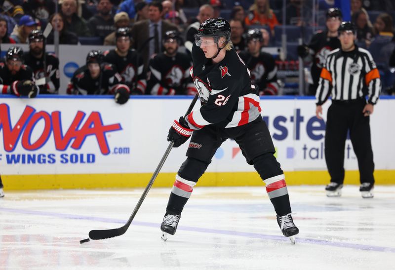 Dec 18, 2025; Buffalo, New York, USA;  Buffalo Sabres defenseman Rasmus Dahlin (26) makes a pass during the second period against the Philadelphia Flyers at KeyBank Center. Mandatory Credit: Timothy T. Ludwig-Imagn Images