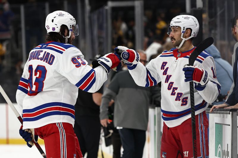 Nov 28, 2025; Boston, Massachusetts, USA; New York Rangers center Vincent Trocheck (16) congratulates center Mika Zibanejad (93) after their win over the Boston Bruins at TD Garden. Mandatory Credit: Winslow Townson-Imagn Images