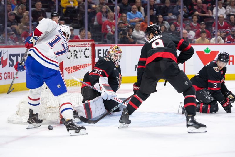 Oct 5, 2024; Ottawa, Ontario, CAN; Ottawa Senators goalie Linus Ullmark (35) makes a save in front of Montreal Canadiens right wing Josh Anderson (17) in the second period at the Canadian Tire Centre. Mandatory Credit: Marc DesRosiers-Imagn Images