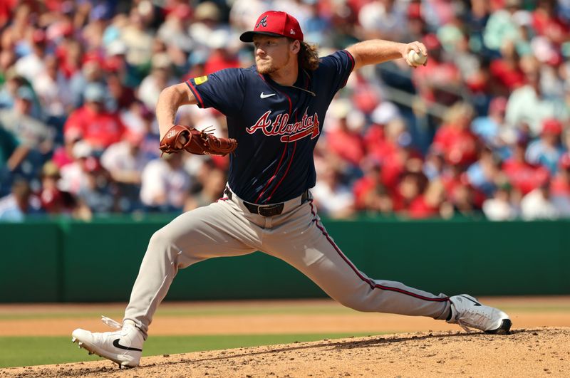 Feb 28, 2024; Clearwater, Florida, USA; Atlanta Braves pitcher Hayden Harris (90) throws a pitch during the fourth inning against the Philadelphia Phillies  at BayCare Ballpark. Mandatory Credit: Kim Klement Neitzel-USA TODAY Sports