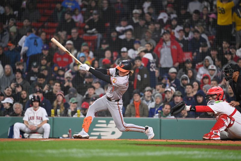 Apr 11, 20024; Boston, Massachusetts, USA; Baltimore Orioles second baseman Jackson Holiday (7) bats against the Boston Red Sox during the third inning at Fenway Park. Mandatory Credit: Eric Canha-USA TODAY Sports