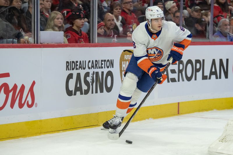 Nov 24, 2023; Ottawa, Ontario, CAN; New York Islanders defenseman Noah Dobson (8) skates with the puck in the first period against the Ottawa Senators at the Canadian Tire Centre. Mandatory Credit: Marc DesRosiers-USA TODAY Sports