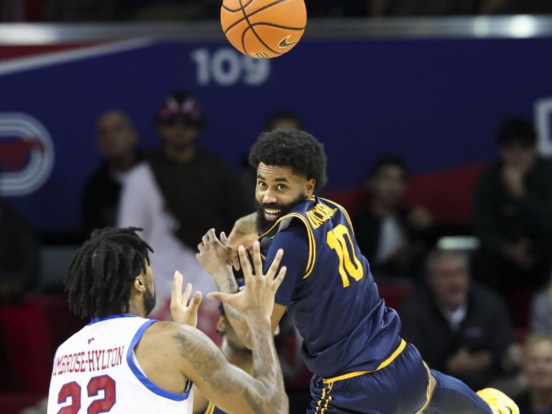 Jan 29, 2025; Dallas, Texas, USA;  California Golden Bears guard Jovan Blacksher Jr. (10) watches the ball and Southern Methodist Mustangs forward Keon Ambrose-Hylton (22) during the second half at Moody Coliseum. Mandatory Credit: Kevin Jairaj-Imagn Images