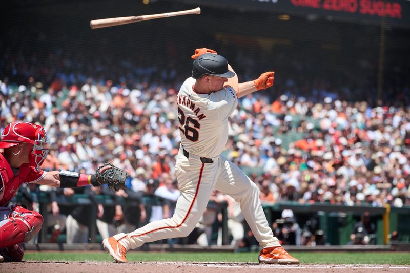 Jun 15, 2024; San Francisco, California, USA; San Francisco Giants infielder Matt Chapman (26) throws his bat while swinging at a pitch against the Los Angeles Angels during the third inning at Oracle Park. Mandatory Credit: Robert Edwards-USA TODAY Sports