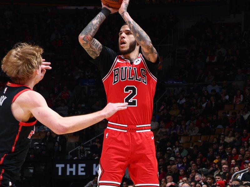 TORONTO, CANADA - JANUARY 31: Lonzo Ball #2 of the Chicago Bulls shoots a three point basket during the game against the Toronto Raptors   on January 31, 2025 at the Scotiabank Arena in Toronto, Ontario, Canada.  NOTE TO USER: User expressly acknowledges and agrees that, by downloading and or using this Photograph, user is consenting to the terms and conditions of the Getty Images License Agreement.  Mandatory Copyright Notice: Copyright 2025 NBAE (Photo by Vaughn Ridley/NBAE via Getty Images)