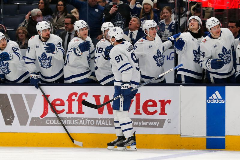 Dec 23, 2023; Columbus, Ohio, USA; Toronto Maple Leafs center John Tavares (91) celebrates his goal against the Columbus Blue Jackets during the second period at Nationwide Arena. Mandatory Credit: Russell LaBounty-USA TODAY Sports