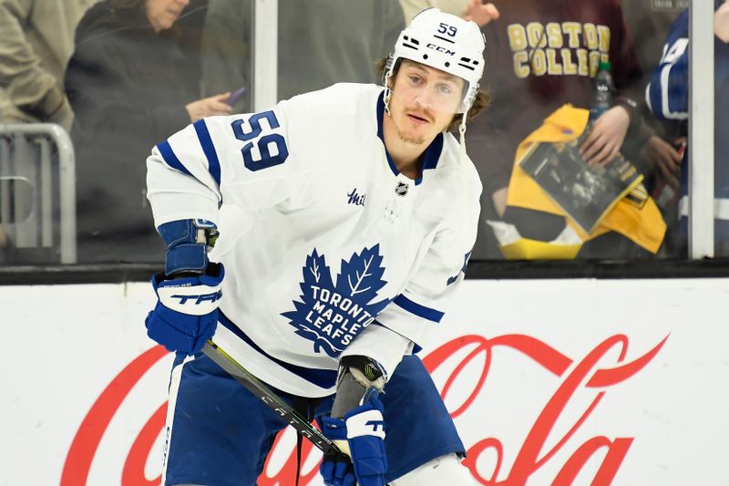 May 4, 2024; Boston, Massachusetts, USA; Toronto Maple Leafs left wing Tyler Bertuzzi (59) during warmups prior to game seven of the first round of the 2024 Stanley Cup Playoffs against the Boston Bruins at TD Garden. Mandatory Credit: Bob DeChiara-USA TODAY Sports