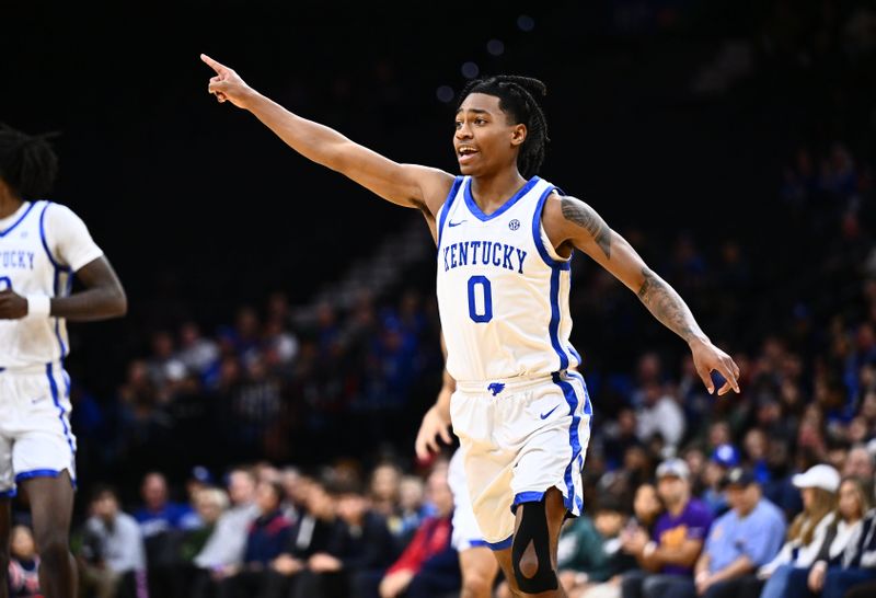 Dec 9, 2023; Philadelphia, Pennsylvania, USA; Kentucky Wildcats guard Rob Dillingham (0) reacts in the first half against the Penn Quakers at Wells Fargo Center. Mandatory Credit: Kyle Ross-USA TODAY Sports