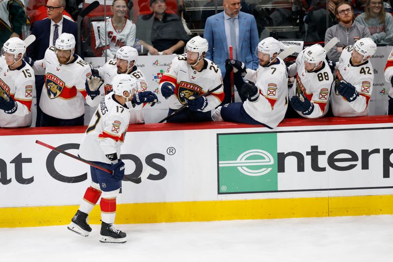 May 28, 2025; Raleigh, North Carolina, USA; Florida Panthers forward Evan Rodrigues (17) celebrates scoring a goal against the Carolina Hurricanes during the second period in game five of the Eastern Conference Final of the 2025 Stanley Cup Playoffs at Lenovo Center. Mandatory Credit: Geoff Burke-Imagn Images