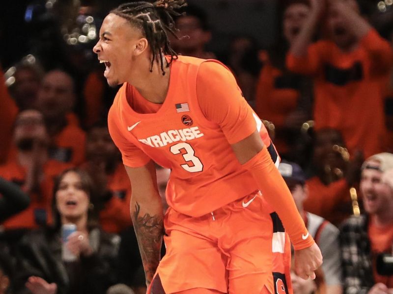 Nov 21, 2022; Brooklyn, New York, USA;  Syracuse Orange guard Judah Mintz (3) celebrates after scoring in overtime against the Richmond Spiders at Barclays Center. Mandatory Credit: Wendell Cruz-USA TODAY Sports