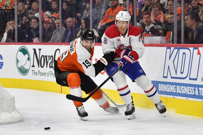 Jan 10, 2024; Philadelphia, Pennsylvania, USA; Montreal Canadiens defenseman Mike Matheson (8) passes the ouck against Philadelphia Flyers right wing Garnet Hathaway (19) during the first period at Wells Fargo Center. Mandatory Credit: Eric Hartline-USA TODAY Sports