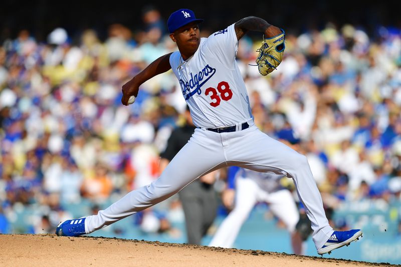 Jun 24, 2023; Los Angeles, California, USA; Los Angeles Dodgers relief pitcher Yency Almonte (38) throws against the Houston Astros during the fifth inning at Dodger Stadium. Mandatory Credit: Gary A. Vasquez-USA TODAY Sports