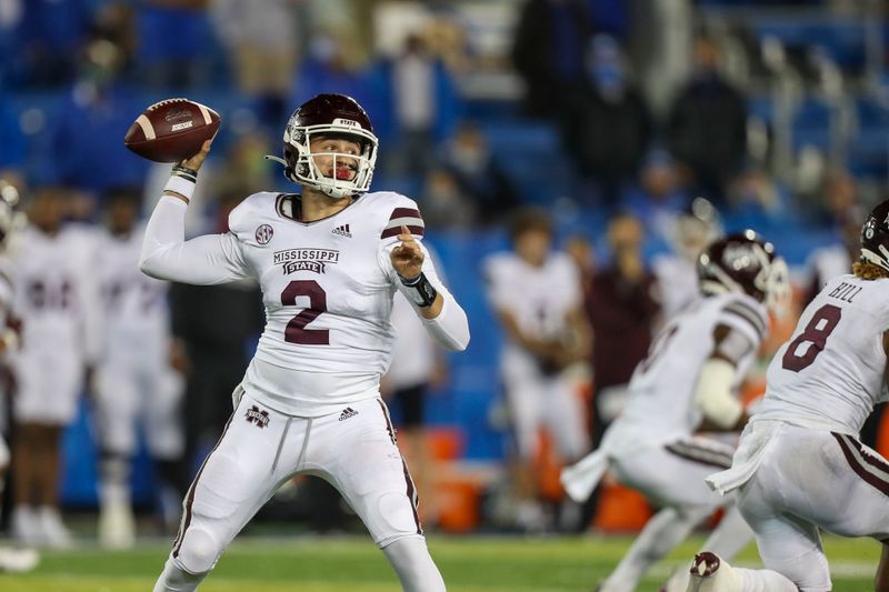 Oct 10, 2020; Lexington, Kentucky, USA; Mississippi State Bulldogs quarterback Will Rogers (2) throws a pass against the Kentucky Wildcats in the second half at Kroger Field. Mandatory Credit: Katie Stratman-USA TODAY Sports