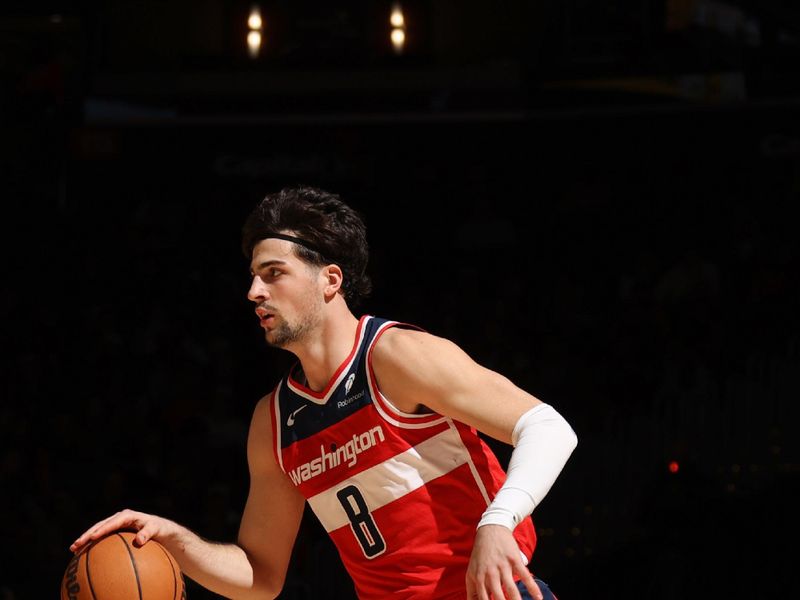 WASHINGTON, DC -? JANUARY 31:  Deni Avdija #8 of the Washington Wizards handles the ball during the game  on January 31, 2024 at Capital One Arena in Washington, DC. NOTE TO USER: User expressly acknowledges and agrees that, by downloading and or using this Photograph, user is consenting to the terms and conditions of the Getty Images License Agreement. Mandatory Copyright Notice: Copyright 2024 NBAE (Photo by Stephen Gosling/NBAE via Getty Images)