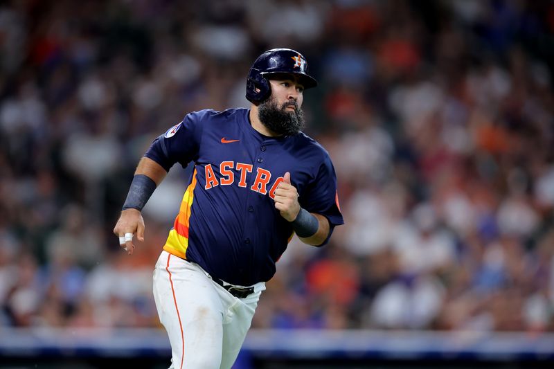 Jun 29, 2025; Houston, Texas, USA; Houston Astros third baseman Luis Guillorme (0) runs up the base line after hitting a single against the Chicago Cubs during the fifth inning at Daikin Park. Mandatory Credit: Erik Williams-Imagn Images