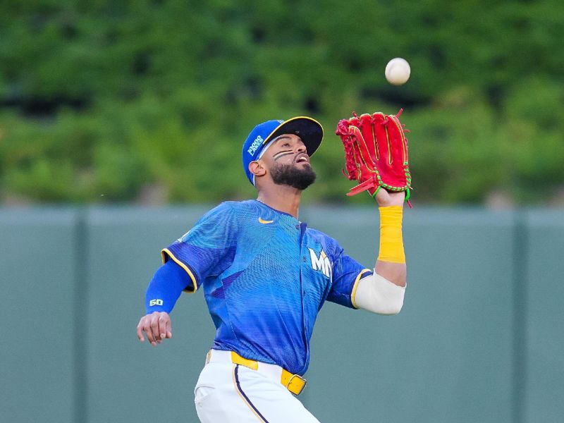 May 23, 2025; Minneapolis, Minnesota, USA; Minnesota Twins outfielder Willi Castro (50) catches a fly ball against the Kansas City Royals in the first inning at Target Field. Mandatory Credit: Brad Rempel-Imagn Images