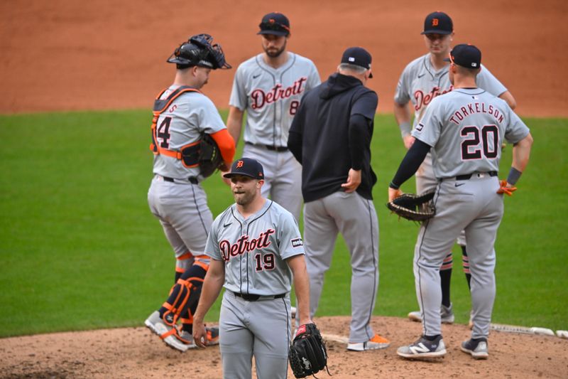 Oct 12, 2024; Cleveland, Ohio, USA; Detroit Tigers relief pitcher Will Vest (19) walks off the mound during a pitching change in the seventh inning against the Cleveland Guardians during game five of the ALDS for the 2024 MLB Playoffs at Progressive Field. Mandatory Credit: David Richard-Imagn Images
