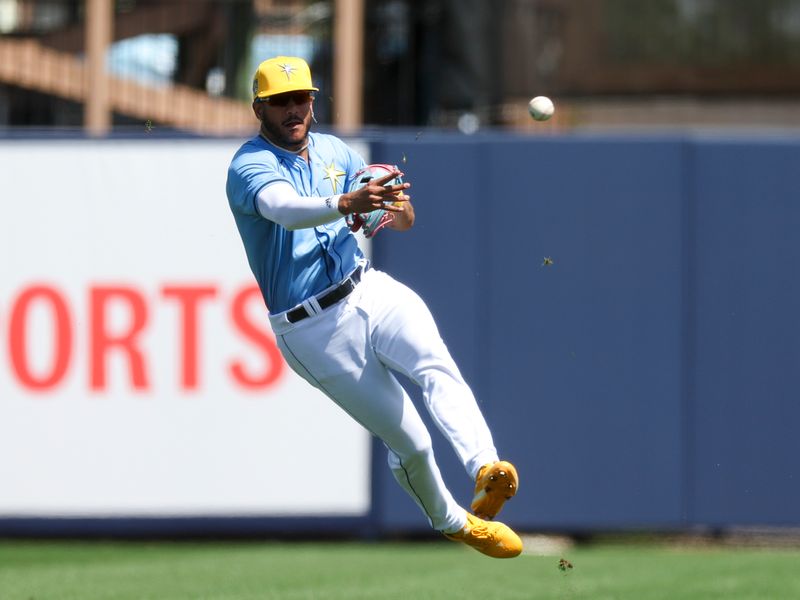 Mar 11, 2024; Port Charlotte, Florida, USA;  Tampa Bay Rays center fielder Jose Siri (22) throws to first against the Toronto Blue Jays in the third inning at Charlotte Sports Park. Mandatory Credit: Nathan Ray Seebeck-USA TODAY Sports