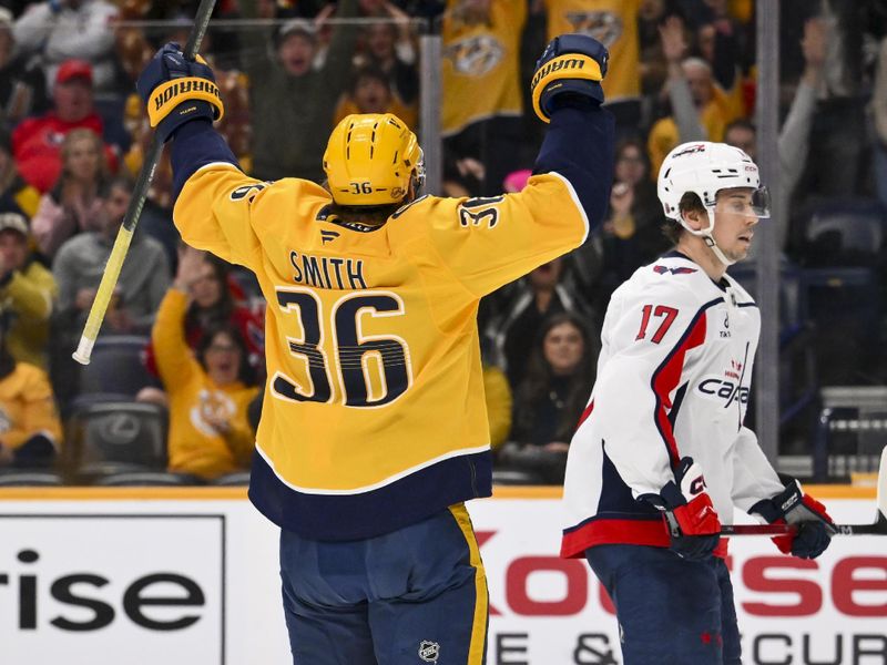 Jan 11, 2026; Nashville, Tennessee, USA;  Nashville Predators left wing Cole Smith (36) celebrates his goal against the Washington Capitals during the third period at Bridgestone Arena. Mandatory Credit: Steve Roberts-Imagn Images