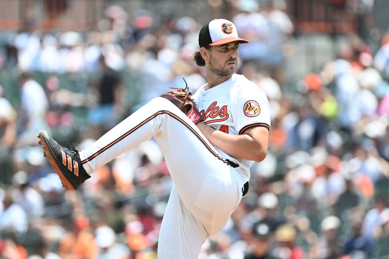 Jul 14, 2024; Baltimore, Maryland, USA;  Baltimore Orioles pitcher Dean Kremer (64) delivers a sixth inning pitch against the New York Yankees at Oriole Park at Camden Yards. Mandatory Credit: James A. Pittman-USA TODAY Sports