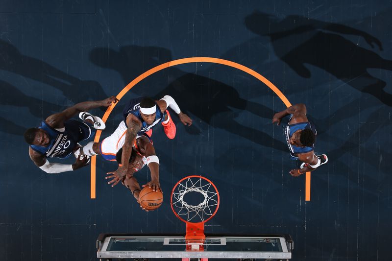 NEW YORK, NY - JANUARY 17: OG Anunoby #8 of the New York Knicks dunks the ball during the game against the Minnesota Timberwolves on January 17, 2025 at Madison Square Garden in New York City, New York.  NOTE TO USER: User expressly acknowledges and agrees that, by downloading and or using this photograph, User is consenting to the terms and conditions of the Getty Images License Agreement. Mandatory Copyright Notice: Copyright 2025 NBAE  (Photo by Nathaniel S. Butler/NBAE via Getty Images)