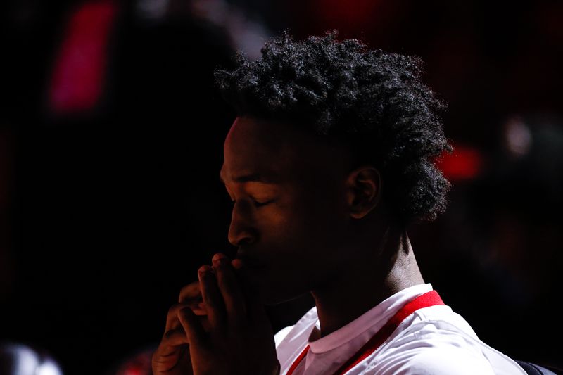 Feb 19, 2023; Raleigh, North Carolina, USA; North Carolina State Wolfpack guard Jarkel Joiner (1) sits before the first half of the game against North Carolina Tar Heels at PNC Arena. Mandatory Credit: Jaylynn Nash-USA TODAY Sports