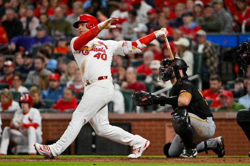 May 5, 2025; St. Louis, Missouri, USA;  St. Louis Cardinals first baseman Willson Contreras (40) hits a two run home run against the Pittsburgh Pirates during the sixth inning at Busch Stadium. Mandatory Credit: Jeff Curry-Imagn Images