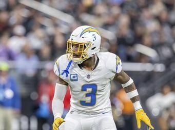 Los Angeles Chargers safety Derwin James, Jr. (3) against the Las Vegas Raiders in an NFL football game, Sunday, Jan. 5, 2025, in Las Vegas. Chargers defeated the Raiders 34-20. (AP Photo/Jeff Lewis)