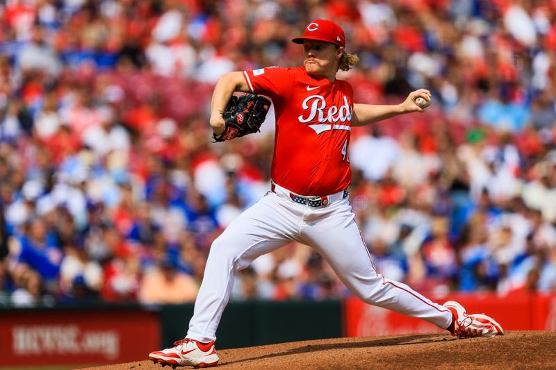 May 24, 2025; Cincinnati, Ohio, USA; Cincinnati Reds starting pitcher Andrew Abbott (41) pitches against the Chicago Cubs in the first inning at Great American Ball Park. Mandatory Credit: Katie Stratman-Imagn Images