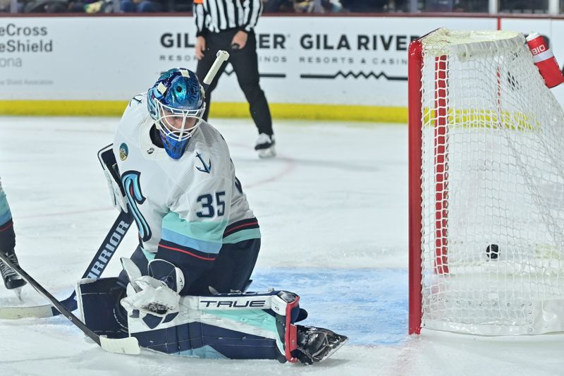 Nov 7, 2023; Tempe, Arizona, USA; Seattle Kraken goaltender Joey Daccord (35) reacts after a goal by Arizona Coyotes right wing Clayton Keller (not pictured) in the second period at Mullett Arena. Mandatory Credit: Matt Kartozian-USA TODAY Sports