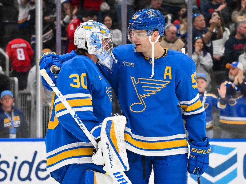 Mar 24, 2026; St. Louis, Missouri, USA; St. Louis Blues goaltender Joel Hofer (30) celebrates with defenseman Colton Parayko (55) after the Blues defeated the Washington Capitals at Enterprise Center. Mandatory Credit: Jeff Curry-Imagn Images