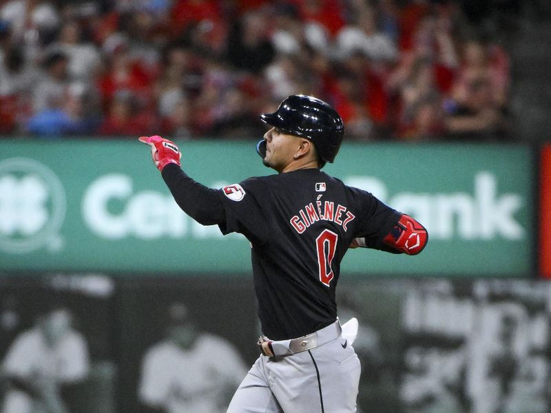 Sep 20, 2024; St. Louis, Missouri, USA;  Cleveland Guardians second baseman Andres Gimenez (0) reacts as he runs the bases after hitting a solo home run against the St. Louis Cardinals during the sixth inning at Busch Stadium. Mandatory Credit: Jeff Curry-Imagn Images