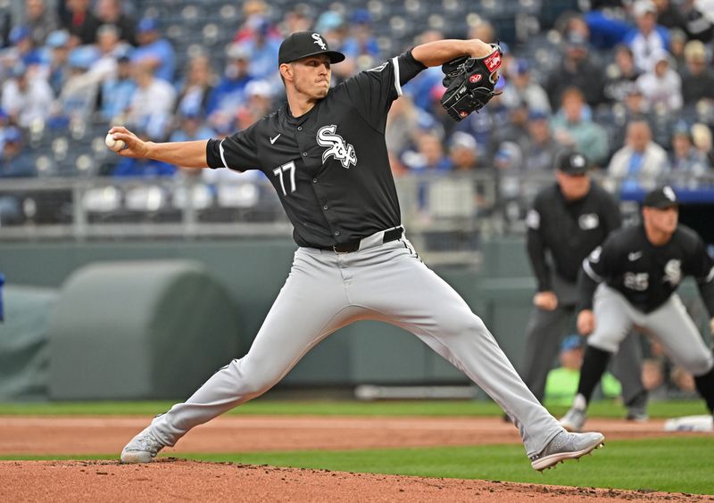 Apr 6, 2024; Kansas City, Missouri, USA; Chicago White Sox starting pitcher Chris Flexen (77) delivers a pitch in the first inning against the Kansas City Royals at Kauffman Stadium. Mandatory Credit: Peter Aiken-USA TODAY Sports