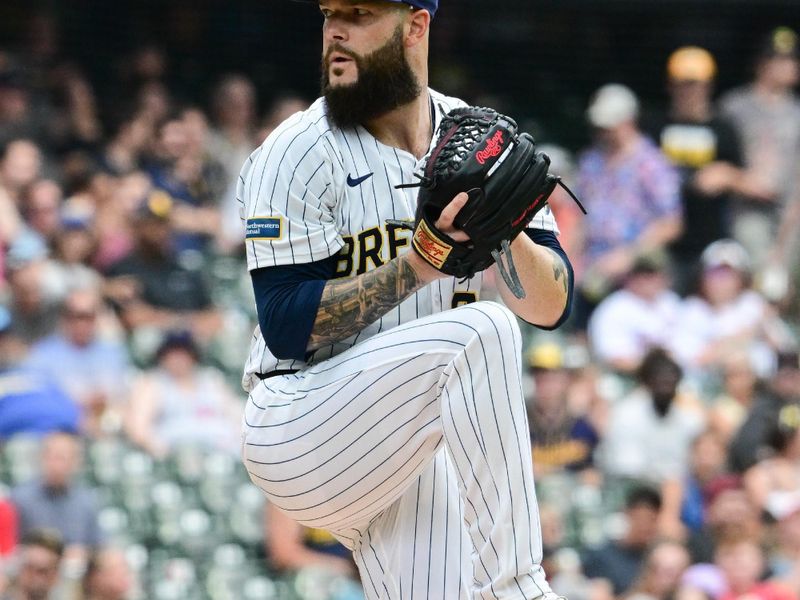 Jul 13, 2024; Milwaukee, Wisconsin, USA; Milwaukee Brewers starting pitcher Dallas Keuchel (60) pitches against the Washington Nationals in the first inning at American Family Field. Mandatory Credit: Benny Sieu-USA TODAY Sports