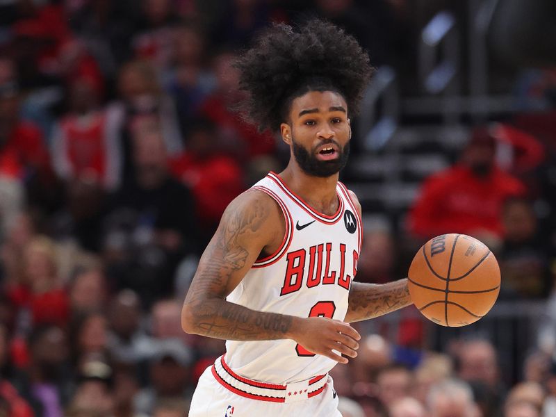 CHICAGO, ILLINOIS - NOVEMBER 06: Coby White #0 of the Chicago Bulls dribbles up the court against the Utah Jazz during the first half at the United Center on November 06, 2023 in Chicago, Illinois. NOTE TO USER: User expressly acknowledges and agrees that, by downloading and or using this photograph, User is consenting to the terms and conditions of the Getty Images License Agreement. (Photo by Michael Reaves/Getty Images)