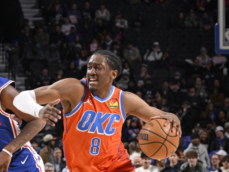 PHILADELPHIA, PA - JANUARY 14: Jalen Williams #8 of the Oklahoma City Thunder dribbles the ball during the game against the Philadelphia 76ers on January 14, 2025 at the Wells Fargo Center in Philadelphia, Pennsylvania NOTE TO USER: User expressly acknowledges and agrees that, by downloading and/or using this Photograph, user is consenting to the terms and conditions of the Getty Images License Agreement. Mandatory Copyright Notice: Copyright 2025 NBAE (Photo by David Dow/NBAE via Getty Images)