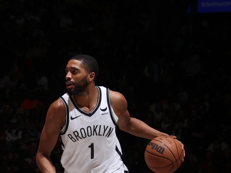 BROOKLYN, NY - MARCH 19: Mikal Bridges #1 of the Brooklyn Nets dribbles the ball during the game against the New Orleans Pelicans on March 19, 2024 at Barclays Center in Brooklyn, New York. NOTE TO USER: User expressly acknowledges and agrees that, by downloading and or using this Photograph, user is consenting to the terms and conditions of the Getty Images License Agreement. Mandatory Copyright Notice: Copyright 2024 NBAE (Photo by Nathaniel S. Butler/NBAE via Getty Images)