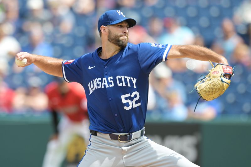 Aug 28, 2024; Cleveland, Ohio, USA; Kansas City Royals starting pitcher Michael Wacha (52) throws a pitch during the first inning against the Cleveland Guardians at Progressive Field. Mandatory Credit: Ken Blaze-USA TODAY Sports