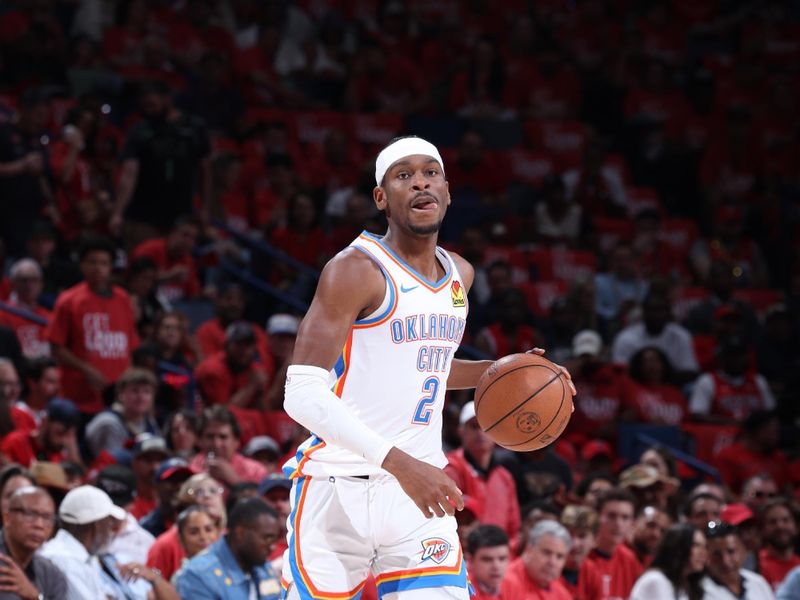 NEW ORLEANS, LA - APRIL 27:  Shai Gilgeous-Alexander #2 of the Oklahoma City Thunder handles the ball during the game against the New Orleans Pelicans during Round 1 Game 3 of the 2024 NBA Playoffs on April 27, 2024 at the Smoothie King Center in New Orleans, Louisiana. NOTE TO USER: User expressly acknowledges and agrees that, by downloading and or using this Photograph, user is consenting to the terms and conditions of the Getty Images License Agreement. Mandatory Copyright Notice: Copyright 2024 NBAE (Photo by Jeff Haynes/NBAE via Getty Images)