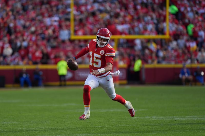 Kansas City Chiefs quarterback Patrick Mahomes scrambles during the second half of an NFL football game against the Denver Broncos Sunday, Nov. 10, 2024, in Kansas City, Mo. (AP Photo/Charlie Riedel)