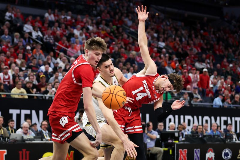 Mar 16, 2024; Minneapolis, MN, USA; Wisconsin Badgers forward Carter Gilmore (14), forward Chris Hodges (21) and Purdue Boilermakers center Zach Edey (15) compete for the ball during the first half at Target Center. Mandatory Credit: Matt Krohn-USA TODAY Sports