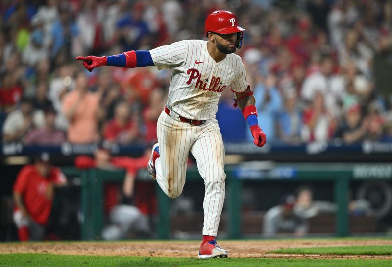 Aug 17, 2024; Philadelphia, Pennsylvania, USA; Philadelphia Phillies infielder Edmundo Sosa (33) reacts after hitting an RBI single against the Washington Nationals in the sixth inning at Citizens Bank Park. Mandatory Credit: Kyle Ross-USA TODAY Sports