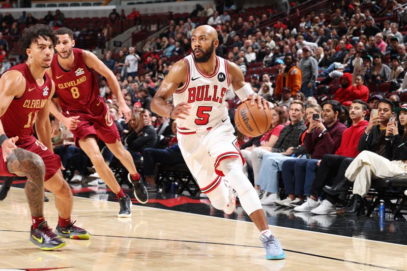 CHICAGO, IL - OCTOBER 18: Jevon Carter #5 of the Chicago Bulls dribbles the ball during the game against the Cleveland Cavaliers on October 18, 2024 at United Center in Chicago, Illinois. NOTE TO USER: User expressly acknowledges and agrees that, by downloading and or using this photograph, User is consenting to the terms and conditions of the Getty Images License Agreement. Mandatory Copyright Notice: Copyright 2023 NBAE (Photo by Jeff Haynes/NBAE via Getty Images)