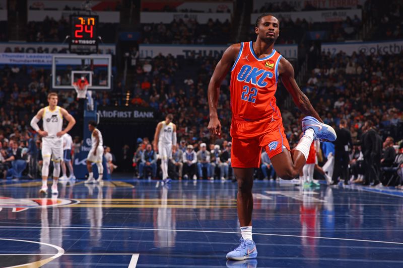 OKLAHOMA CITY, OK - DECEMBER 3: Cason Wallace #22 of the Oklahoma City Thunder looks on during the game against the Utah Jazz during the Emirates NBA Cup game on on December 3, 2024 at Paycom Center in Oklahoma City, Oklahoma. NOTE TO USER: User expressly acknowledges and agrees that, by downloading and or using this photograph, User is consenting to the terms and conditions of the Getty Images License Agreement. Mandatory Copyright Notice: Copyright 2024 NBAE (Photo by Zach Beeker/NBAE via Getty Images)