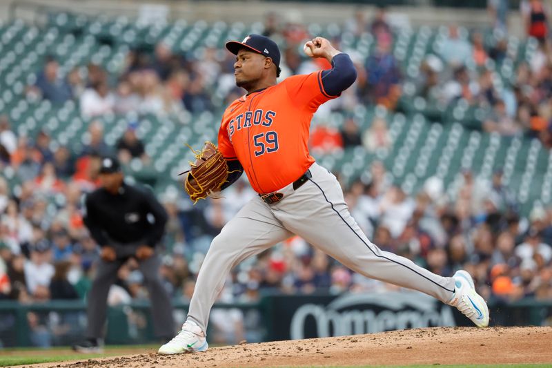 May 10, 2024; Detroit, Michigan, USA;  Houston Astros starting pitcher Framber Valdez (59) pitches in the second inning against the Detroit Tigers at Comerica Park. Mandatory Credit: Rick Osentoski-USA TODAY Sports