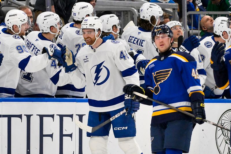 Nov 5, 2024; St. Louis, Missouri, USA;  Tampa Bay Lightning defenseman Nick Perbix (48) is congratulated by teammates after scoring against the St. Louis Blues during the second period at Enterprise Center. Mandatory Credit: Jeff Curry-Imagn Images