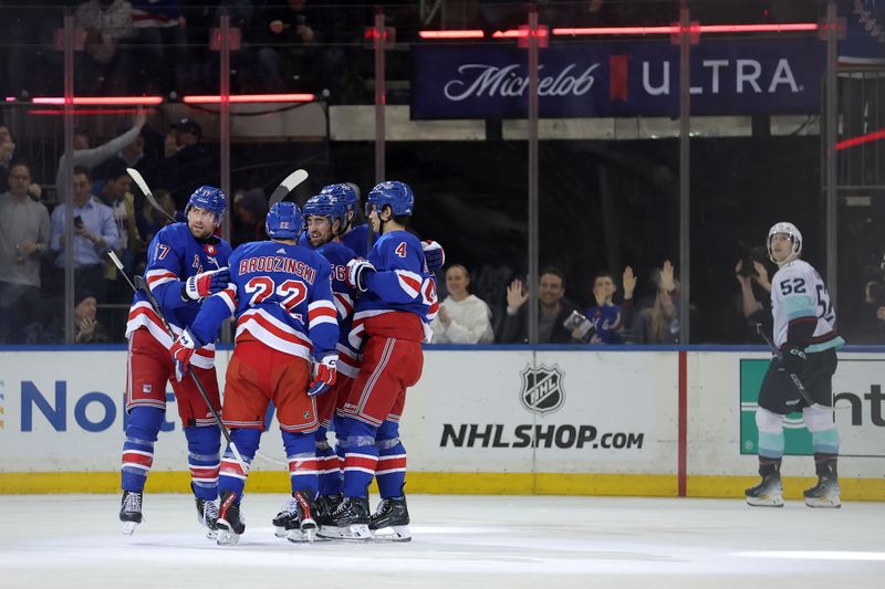 Jan 16, 2024; New York, New York, USA; New York Rangers right wing Blake Wheeler (17) celebrates his goal against the Seattle Kraken with teammates during the second period at Madison Square Garden. Mandatory Credit: Brad Penner-USA TODAY Sports