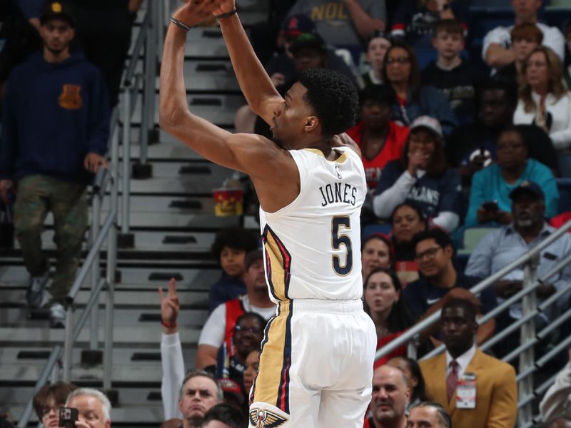 NEW ORLEANS, LA - MARCH 28: Herb Jones #5 of the New Orleans Pelicans shoots a 3-point basket during the game  on March 28, 2024 at the Smoothie King Center in New Orleans, Louisiana. NOTE TO USER: User expressly acknowledges and agrees that, by downloading and or using this Photograph, user is consenting to the terms and conditions of the Getty Images License Agreement. Mandatory Copyright Notice: Copyright 2024 NBAE (Photo by Layne Murdoch Jr./NBAE via Getty Images)