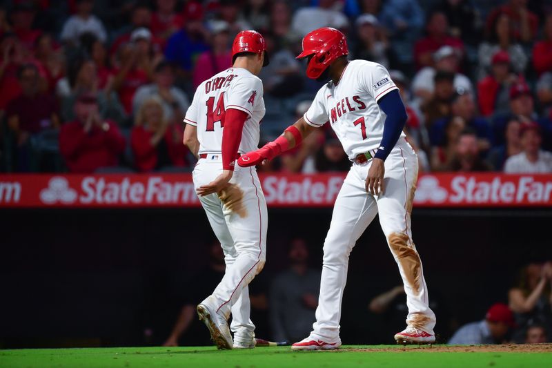 Sep 26, 2023; Anaheim, California, USA; Los Angeles Angels center fielder Jo Adell (7) greets catcher Logan O'Hoppe (14) after both score runs against the Texas Rangers during the fifth inning at Angel Stadium. Mandatory Credit: Gary A. Vasquez-USA TODAY Sports