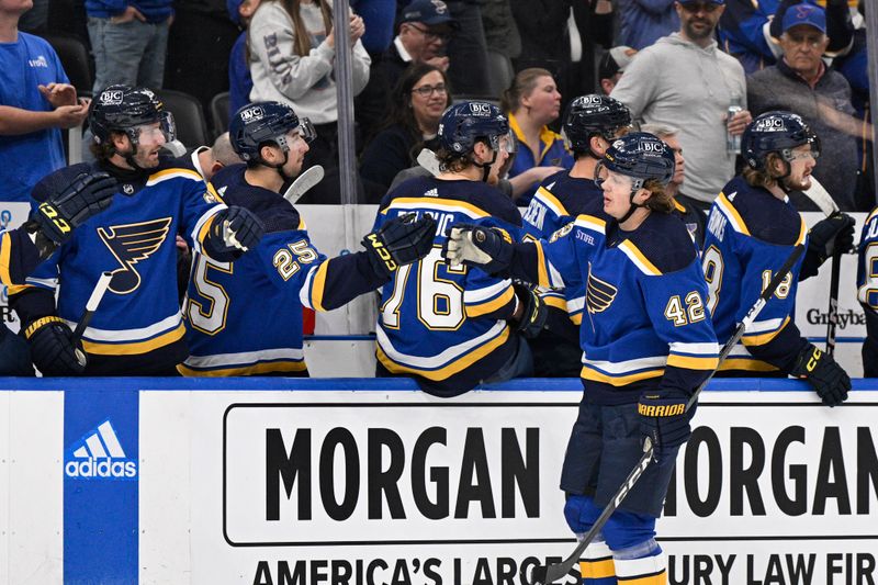 Apr 14, 2024; St. Louis, Missouri, USA; St. Louis Blues right wing Kasperi Kapanen (42) is congratulated by teammates after scoring a goal against the Seattle Kraken during the first period at Enterprise Center. Mandatory Credit: Jeff Le-USA TODAY Sports